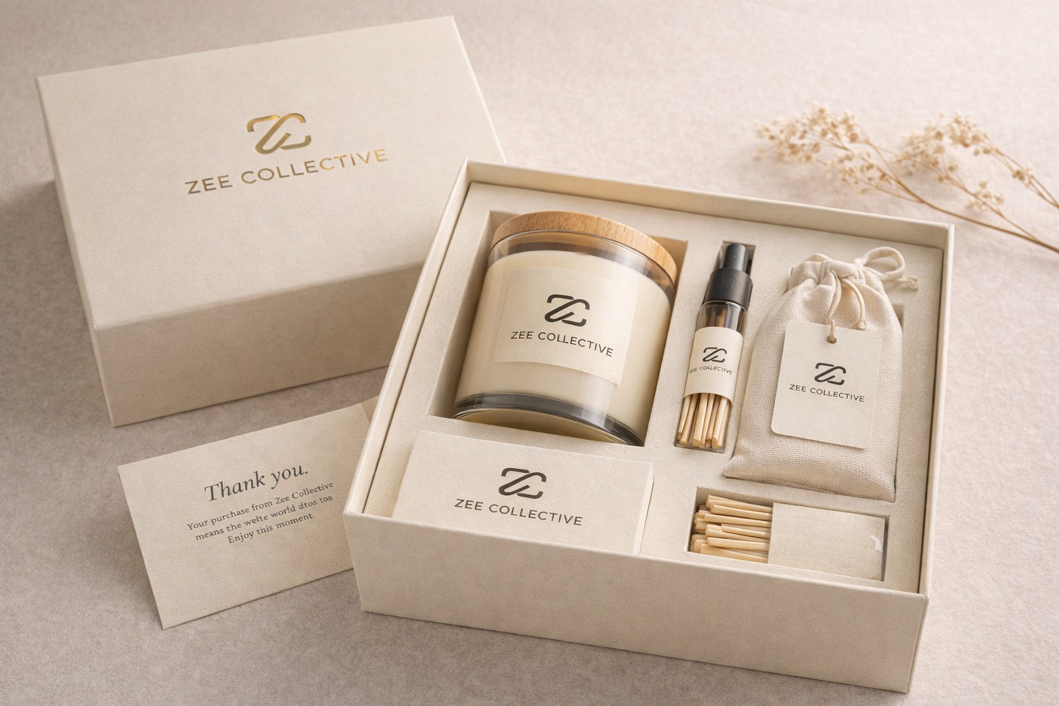 The Zee Collective ivory gift box with gold logo, a soy candle, room spray and linen pouch inside