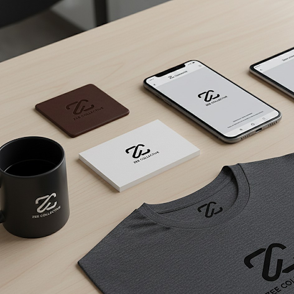 Zee Collective branded mug, cards, coaster and tee on a studio desk