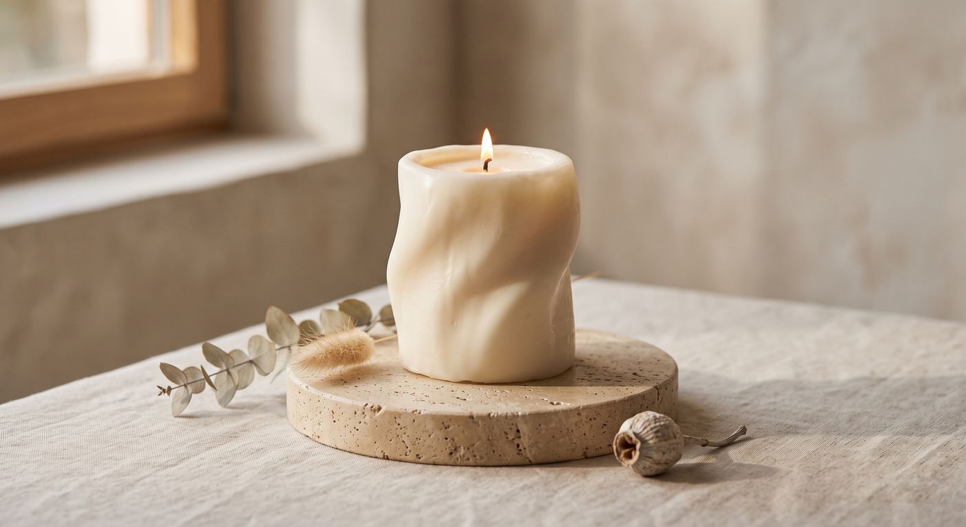 A sculpted twisting soy candle, lit, on a travertine dish