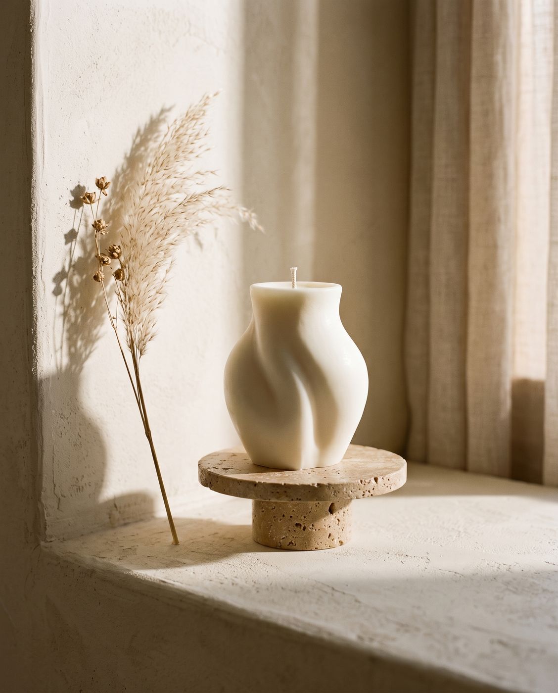 A sculpted soy candle on a travertine stand in window light