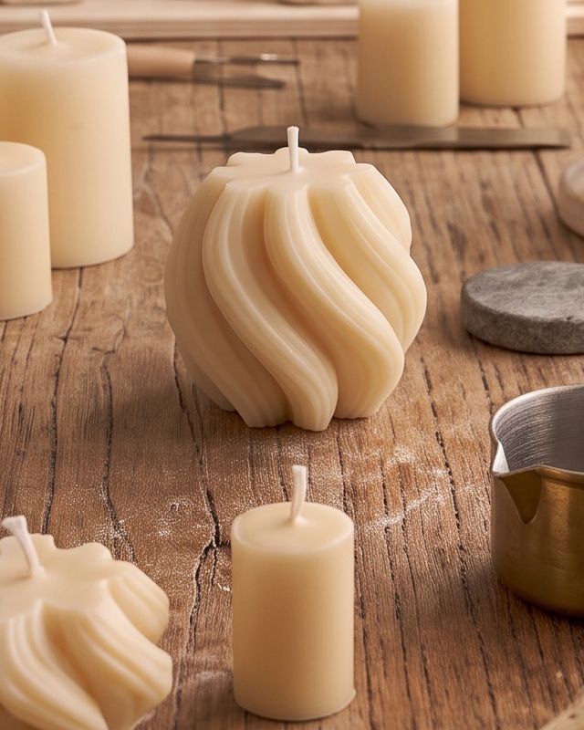 A swirled soy pillar candle on our studio workbench