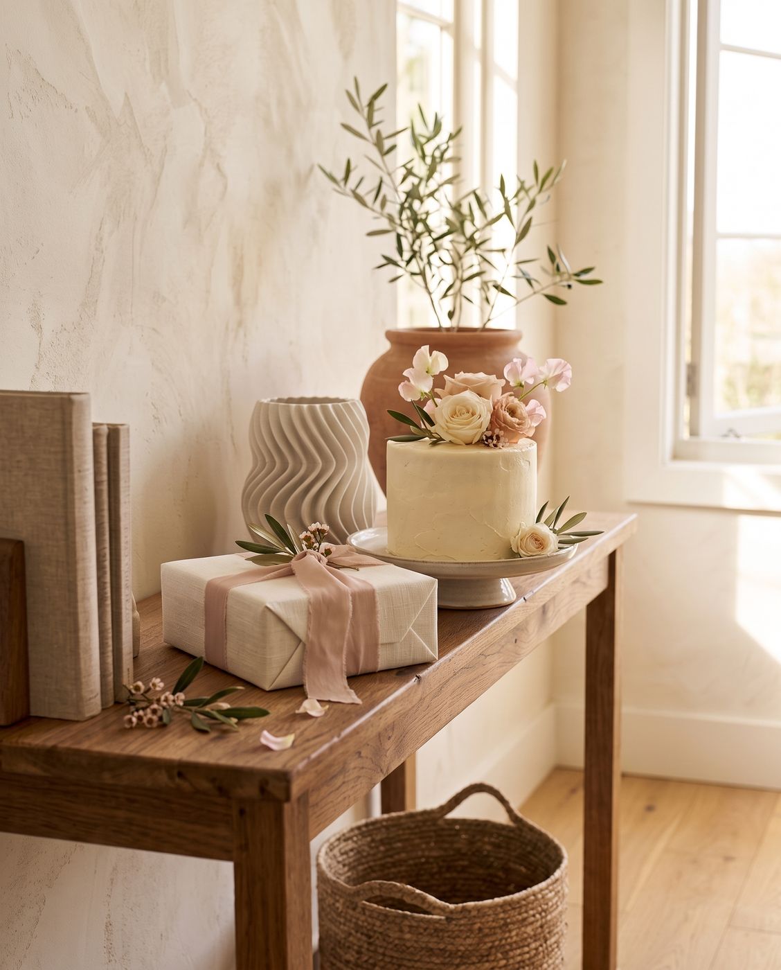 A wrapped gift with a blush ribbon beside a flower-topped cake and a Zee wave vase