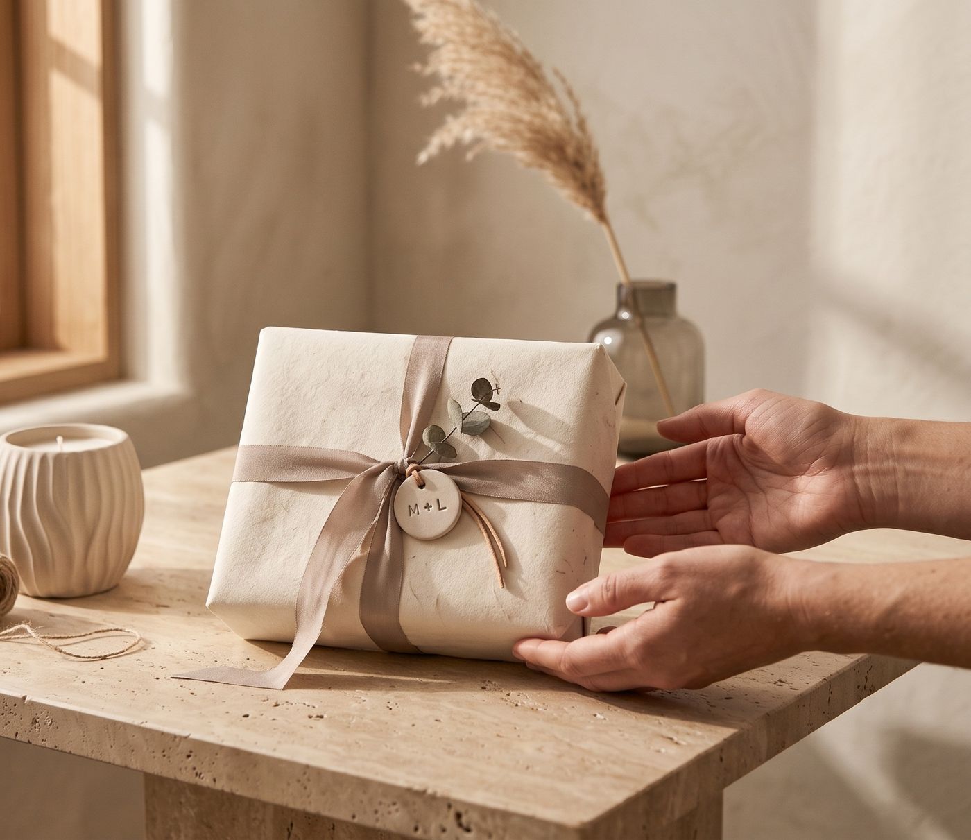 A gift wrapped in handmade paper with a personalised M + L tag