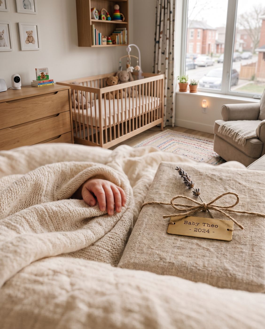 A newborn’s hand beside a linen-wrapped gift with a brass Baby Theo name tag