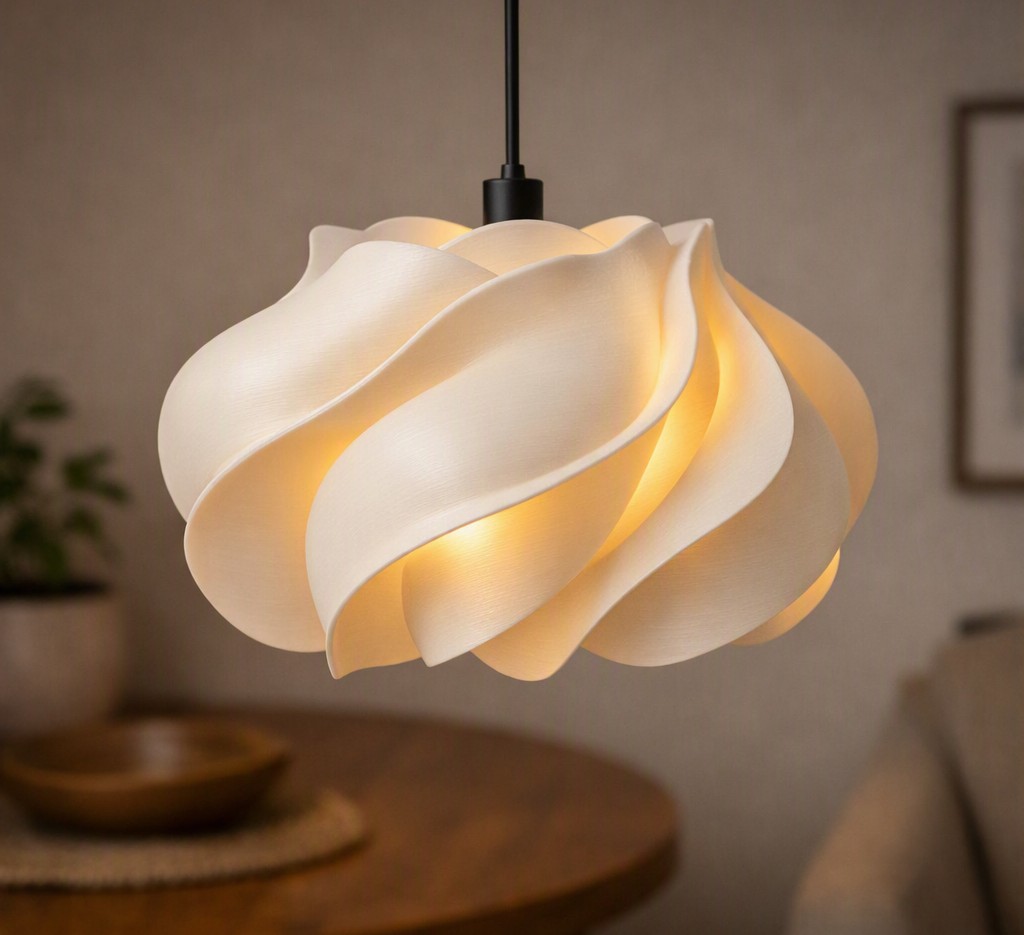 A Zee petal night shade, printed in one piece, glowing warmly above a dining table
