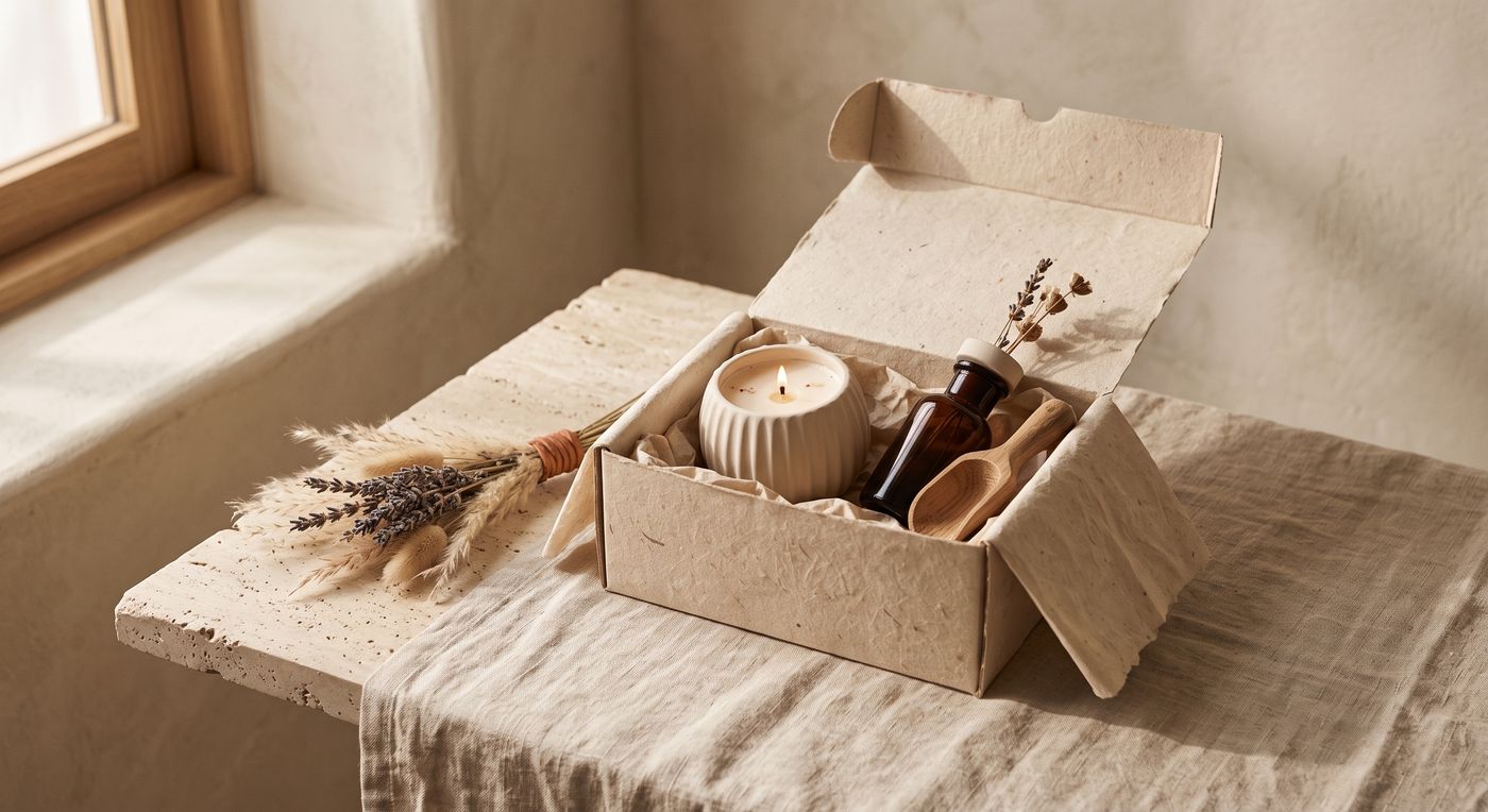 An open Zee ritual box with a candle, an amber bottle and a wooden scoop