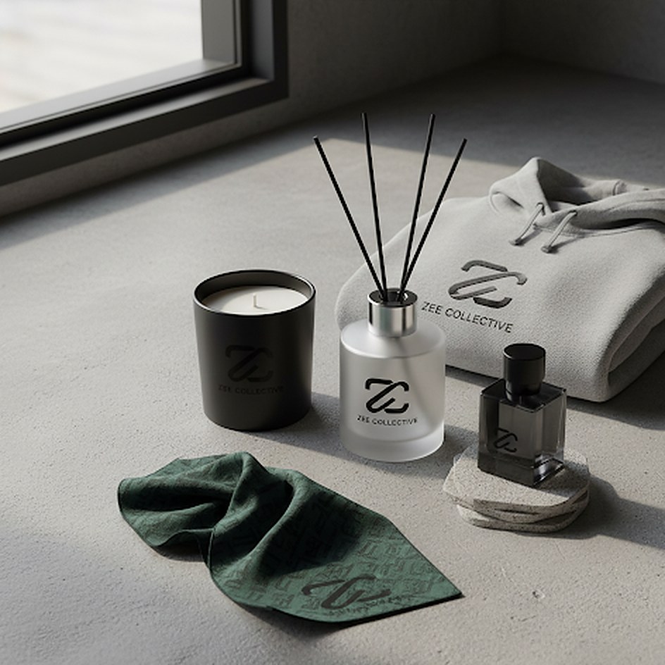 A Zee Collective candle, reed diffuser and fragrance on warm concrete in window light