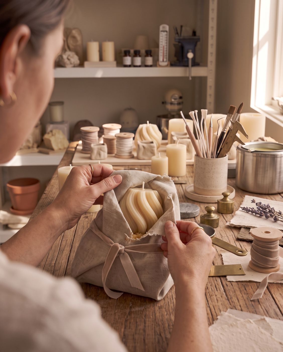 A maker wrapping a swirled soy candle in linen and velvet ribbon at our studio workbench