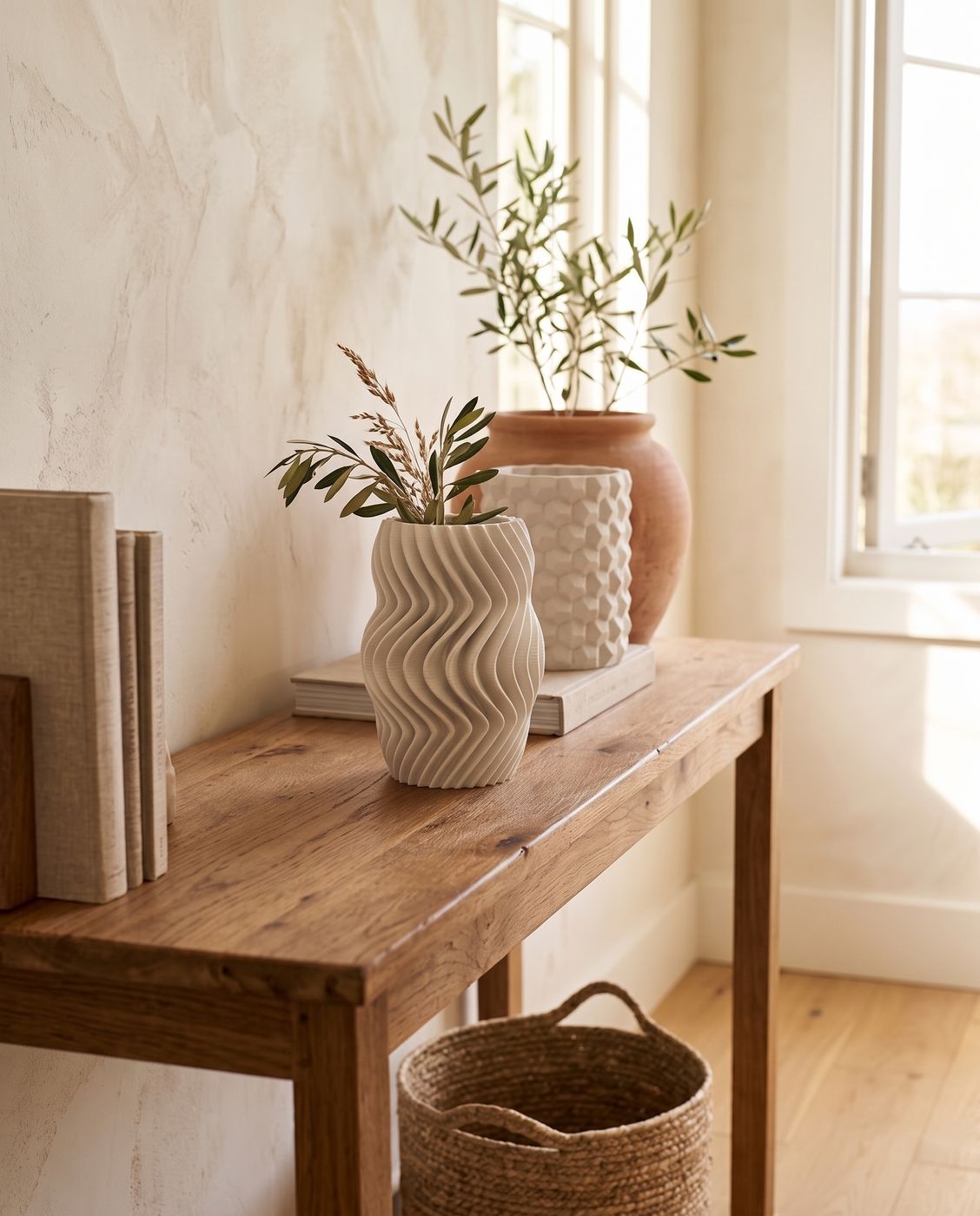 Two Zee 3D-printed vases, one wave-ribbed and one honeycomb, on an oak console in morning light